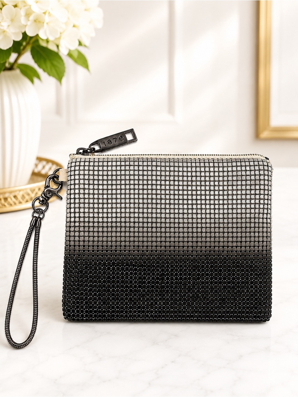 Whiting & Davis Black Silver Ombre Metal Mesh Wristlet Clutch Evening Bag